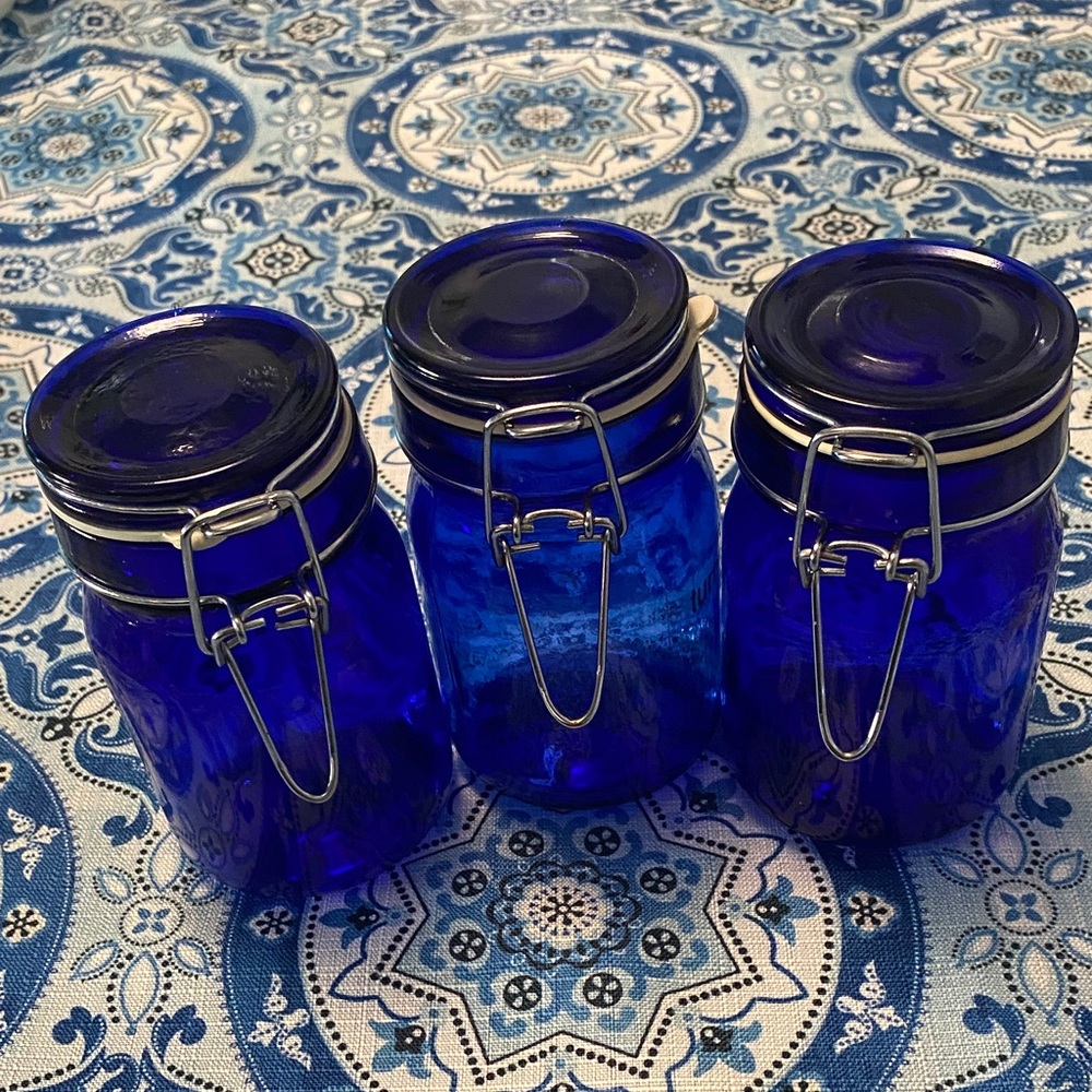 Cobalt Blue Hinged canister jars set of three 12 ounce vintage